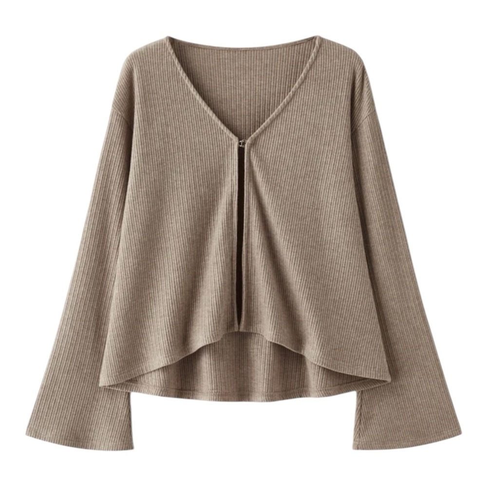 OGL V Neck Flare Long Sleeve Cardigan Heather Taupe Beige Womens Size L